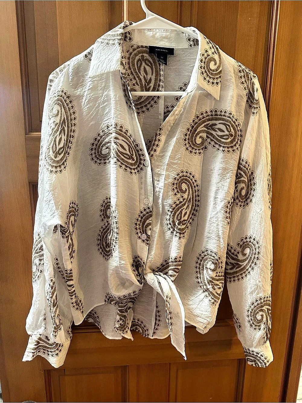 Halogen Paisley Tie-Front Blouse in White & Brown Size XS